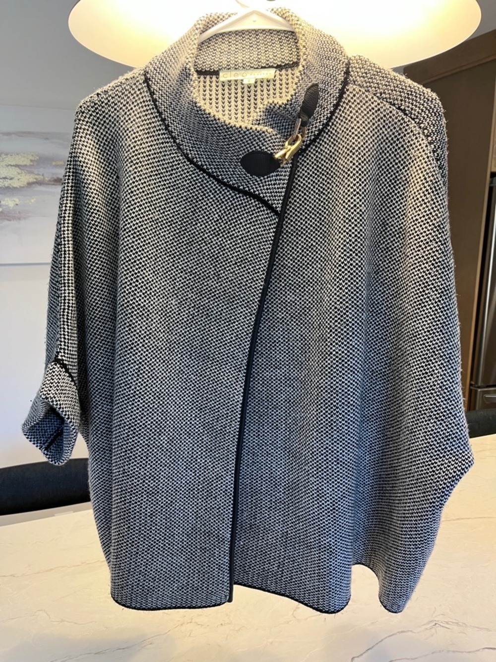 Cleo Black & White Textured Knit Poncho with Toggle Closure